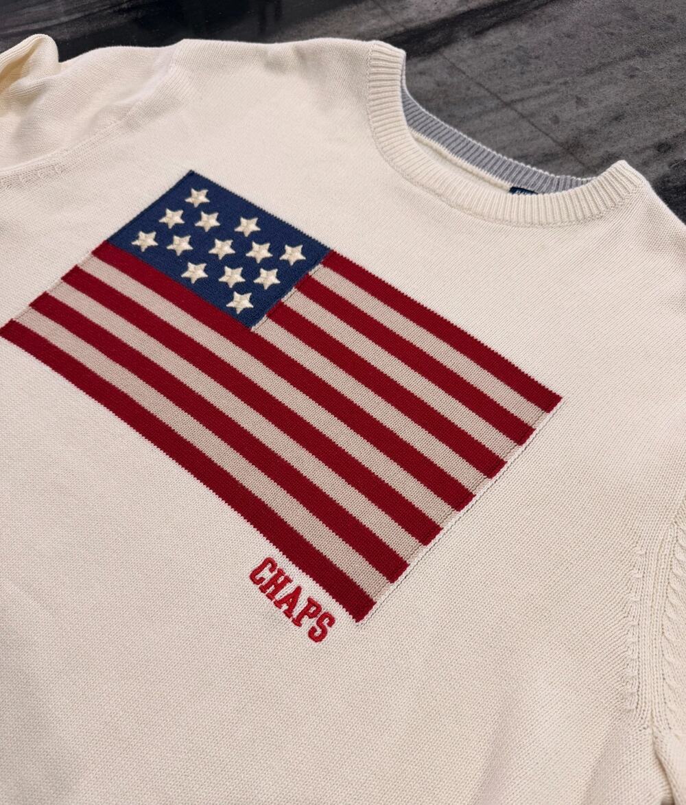 Chaps Ralph Lauren American Flag Sweater Mens XL Cream Knit USA Patriotic polo